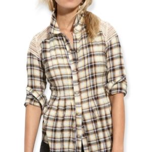 FREE PEOPLE‎ Crochet Back Plaid Button Up Boho Shirt 2